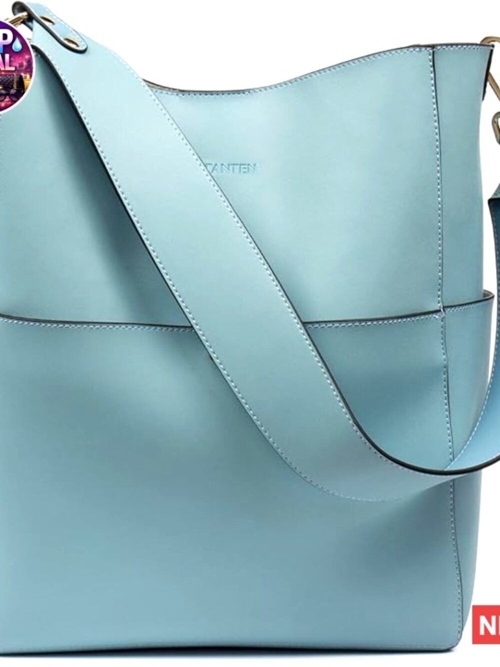 Leather Shoulder Bucket Bag with Removable Pouch and Gold-Tone Hardware